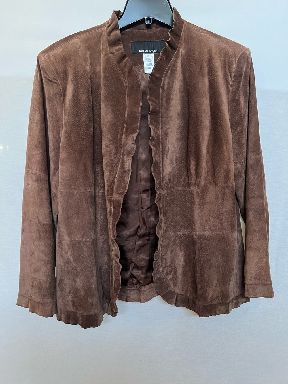 Jones New York Brown Suede Ruffle-Trim Open Front Jacket